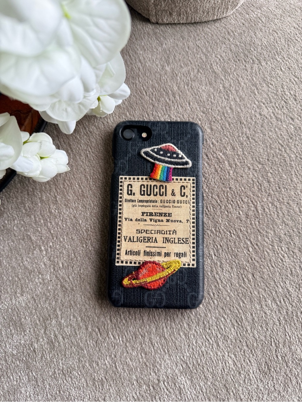 Gucci Black Monogram iPhone SE Phone Case with Rainbow UFO & Planet Patches